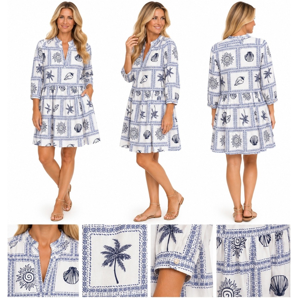 Calypso St Barth Dress L Shell Palm Print Tiered Mini Coastal Resort Beach